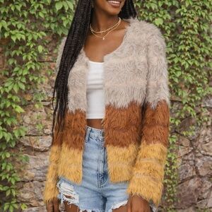 WOVEN HEART Eyelash Fringe Chevron Stripe Open Cardigan, M